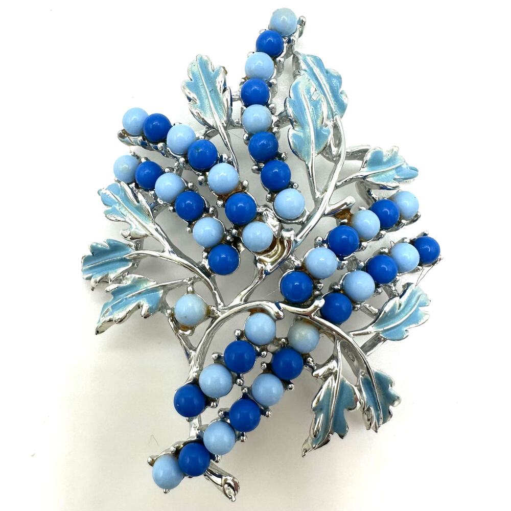 Coro signed vintage silver tone blue enamel beaded leaf leaves brooch